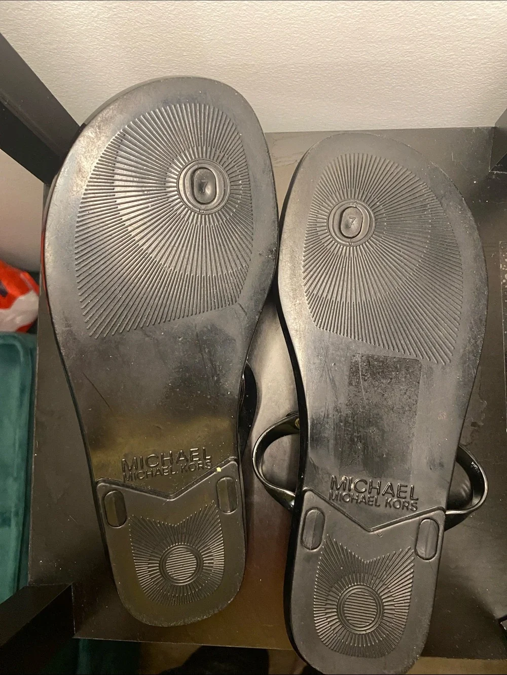 Michael Kors Black and Gold Logo Cork Footbed Thong Sandals